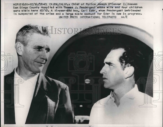 1958 Press Photo Police Chief Leaves Hospital With Man Whose Family Was Slain - Historic Images