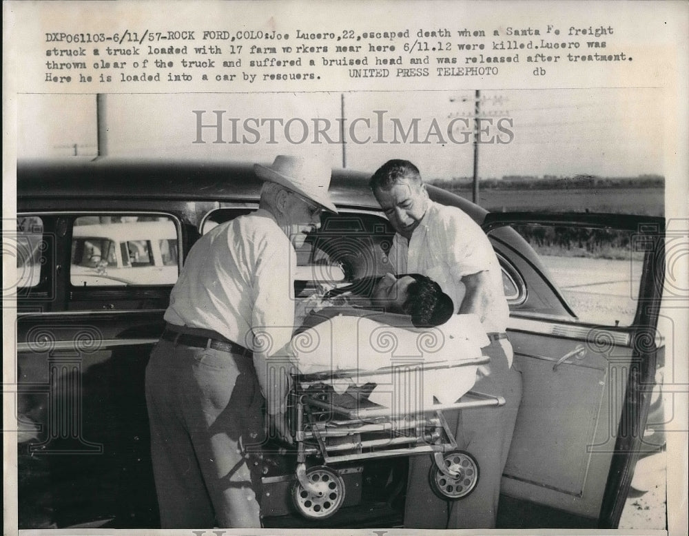 1957 Press Photo Joe Lucero escaped death when a Santa Fe freight struck a truck - Historic Images