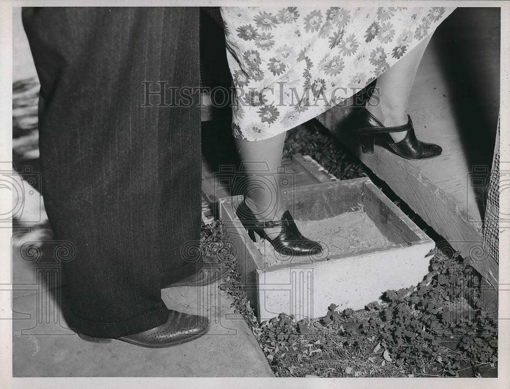 1937 Press Photo Visitors step in disinfectant to prevent spread of disease - Historic Images