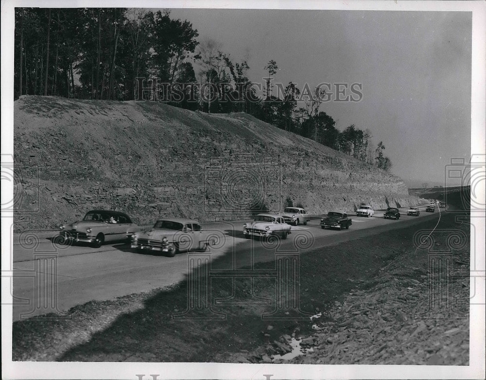 1955 Barreling thru the rock cut west of Boston of the Ohio Turnpike - Historic Images