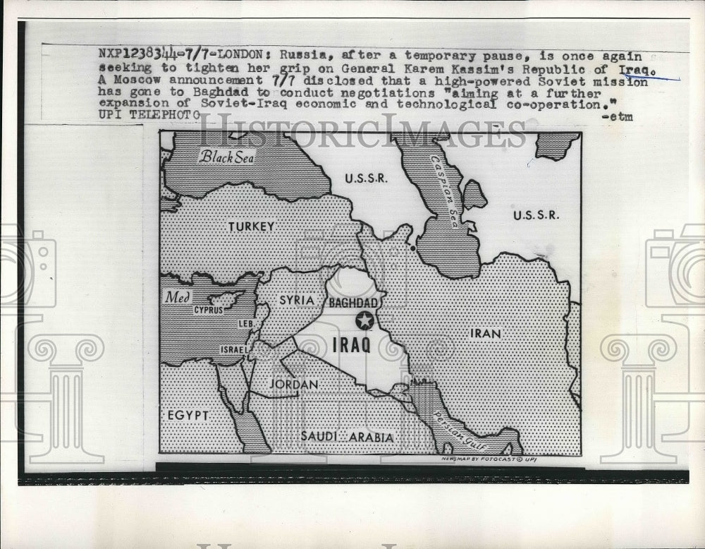 1960 Map of Iraq, Russia to Negotiate With General Karem Kassim - Historic Images