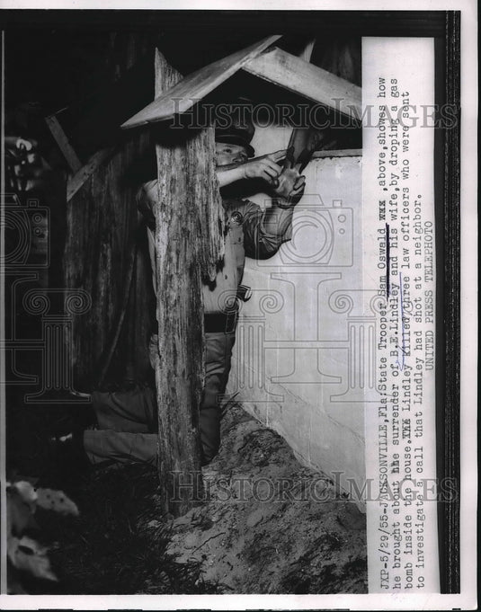 1955 State Trooper Sam Oswald Demonstrating Gas Bomb Drop - Historic Images