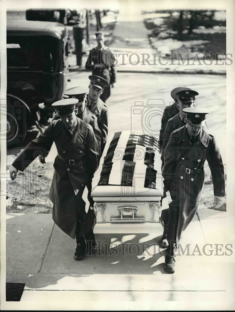 1934 Press Photo The flag-draped casket of Sgt. Ernest Sell leaving chapel at - Historic Images