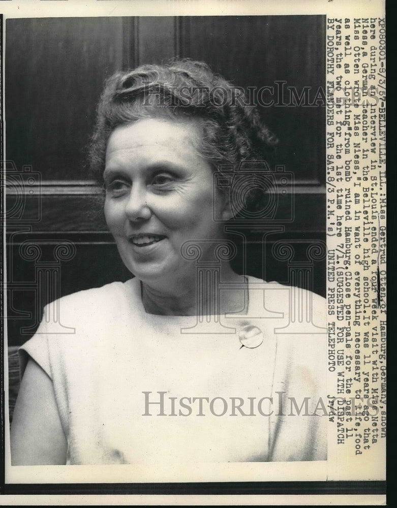 1957 Gertrude Otten from Germany during an interview in St. Louis - Historic Images