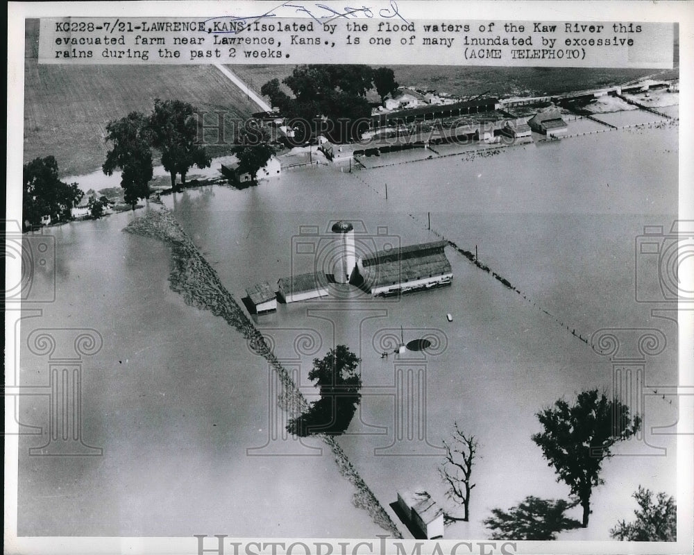 1950 Press Photo Aerial view of flood waters of Kaw River in Lawrence, Kansas-Historic Images