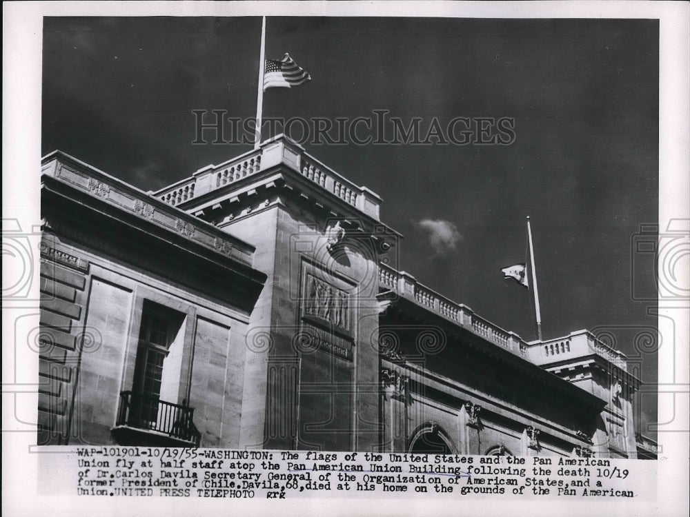 1955 Press Photo Flags of US &amp; Pan American Union at half staff in D.C. - Historic Images