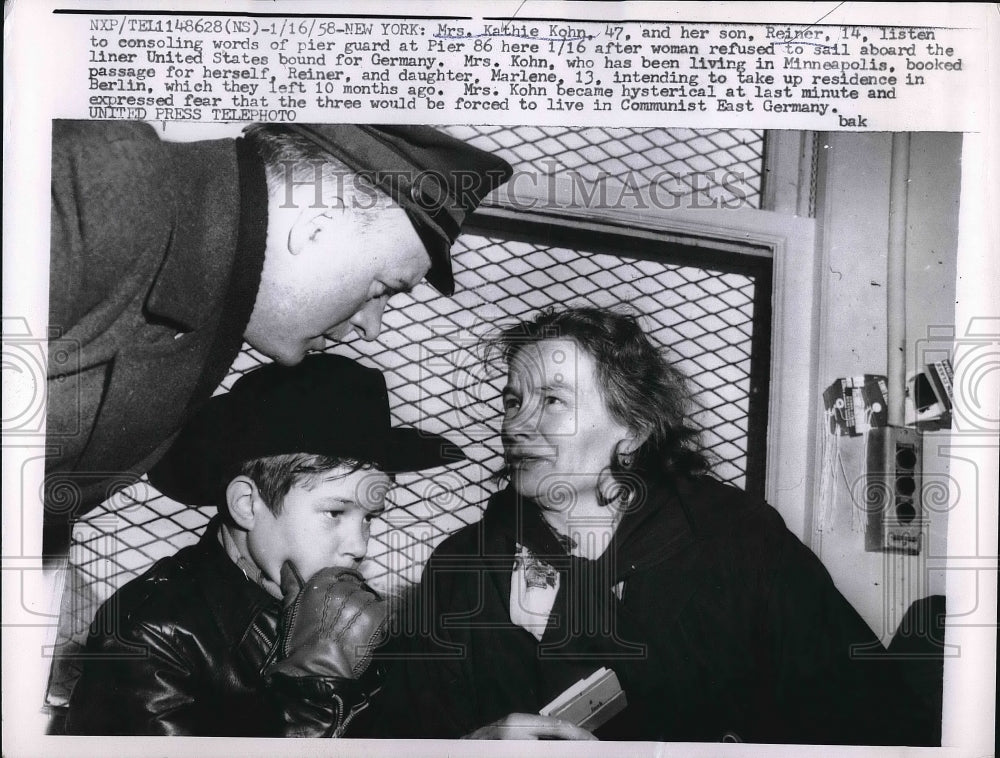 1958 Mrs Kathie Kohn &amp; son Reiner &amp; pier guard in NYC  - Historic Images