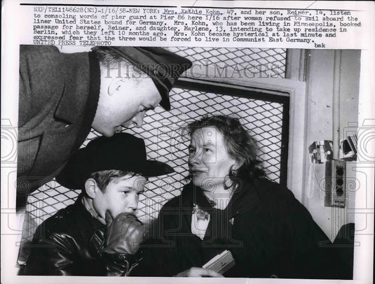 1958 Mrs Kathie Kohn & son Reiner & pier guard in NYC  - Historic Images
