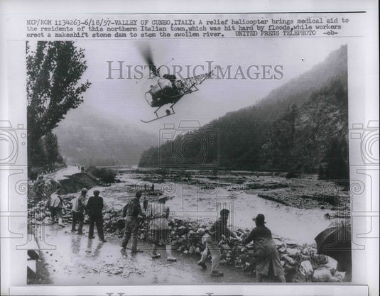1957 Press Photo Relief Helicopter, Flood Victims, Valley of Cuneo, Italy - Historic Images