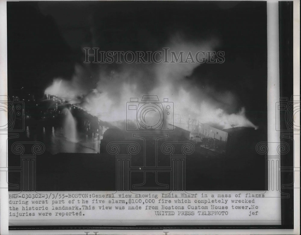 1955 Press Photo India Wharf 4 Alarm Fire in Boston - Historic Images