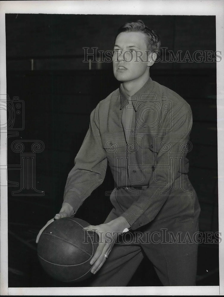 1943 Arnold Carlson With Basketball On Basketball Court - Historic Images
