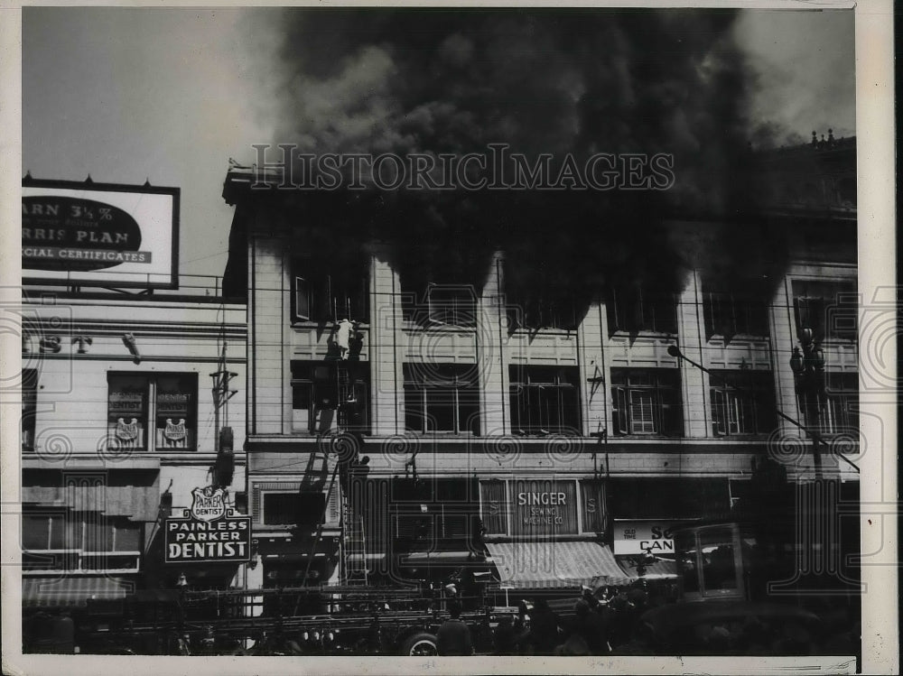 1937 Press Photo View Of Firemen Carrying Down Mildred Peale From Building Fire - Historic Images