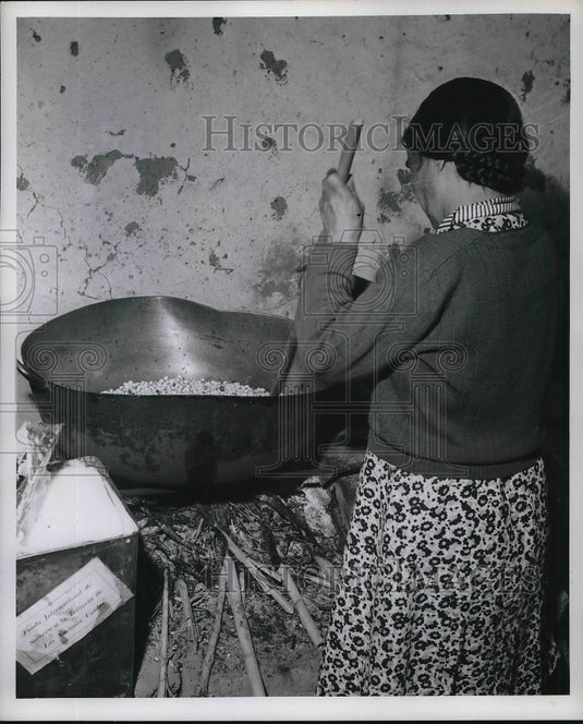 1950 Press Photo An Ecuadorian woman preparing "Tostados" staple food in Ecuador - Historic Images