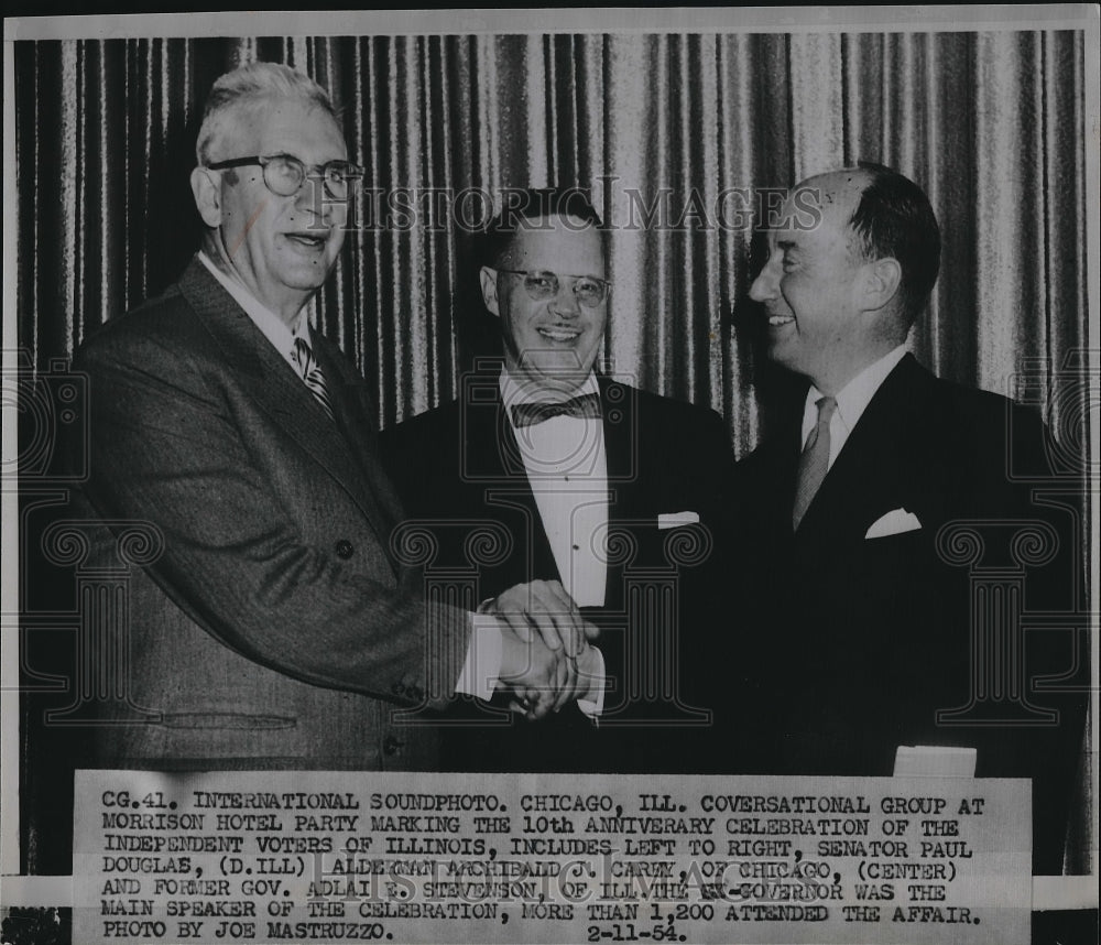 1954 Press Photo Douglas, Carey, Stevenson at Ind. Voters of IL 10th Anniversary - Historic Images