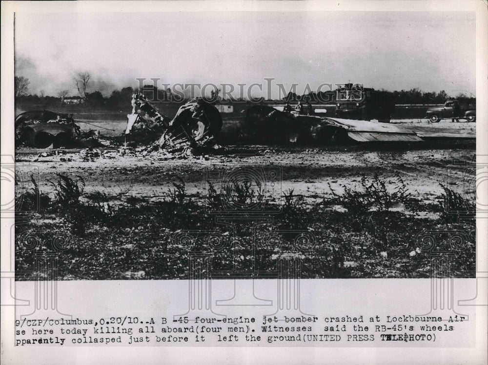 1952 Press Photo B-45 jet bomber crashes at base killing all four men aboard. - Historic Images