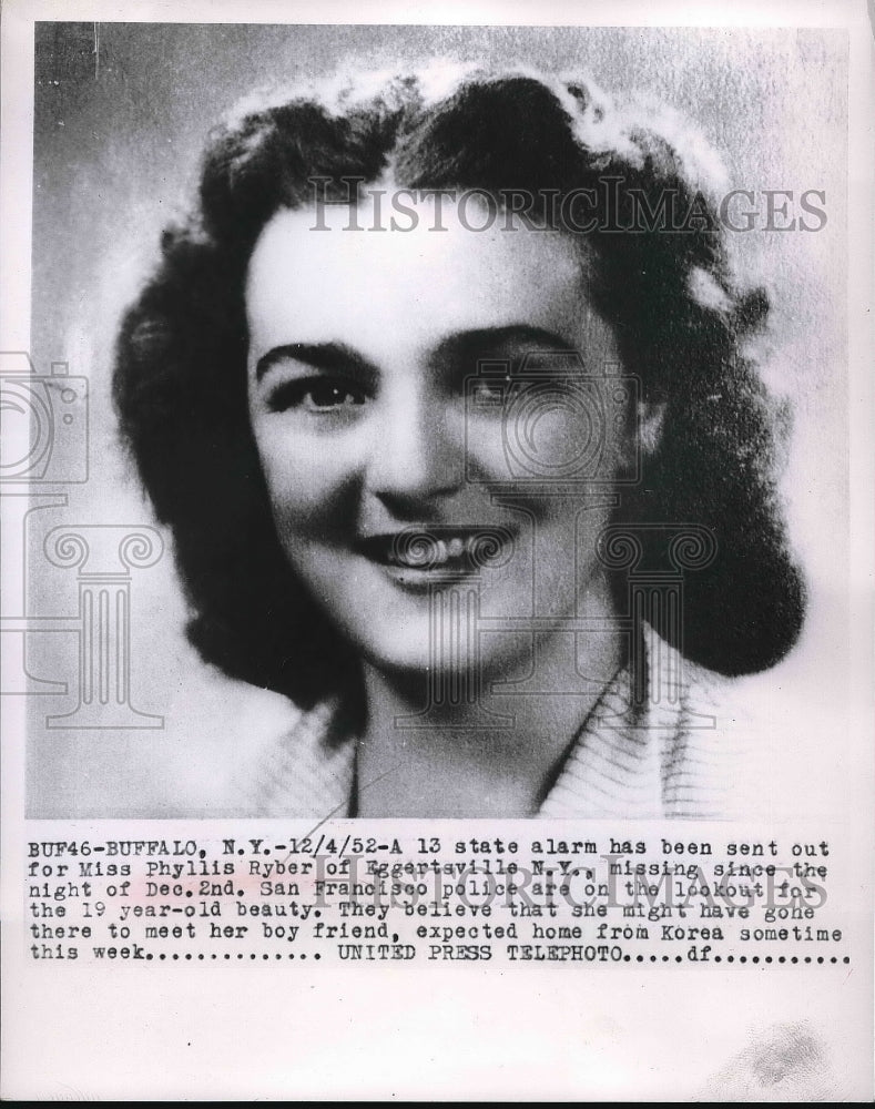 1952 Phyllis Ryber of New York missing with her boyfriend. - Historic Images