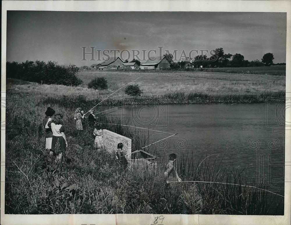 1962 Press Photo Children Fishing Stocked Pond, Pawnee County, Nebraska-Historic Images