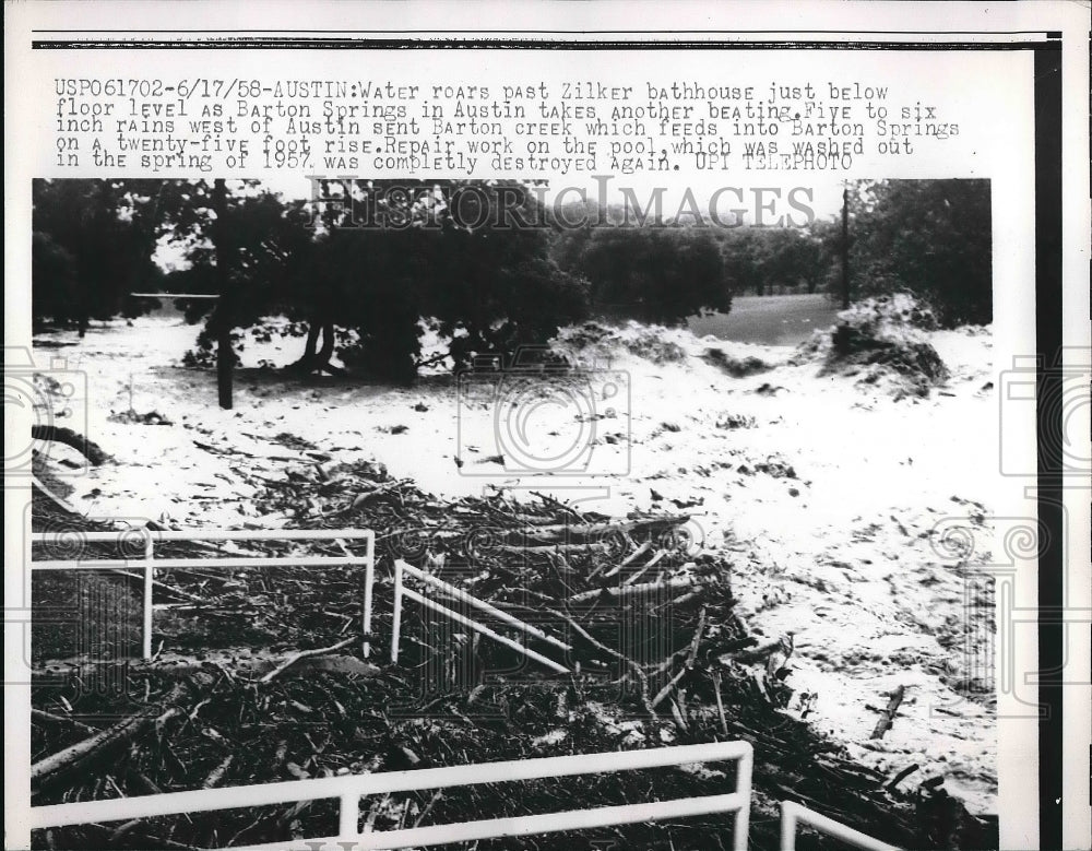 1958 Waters Roaring Past Zilker Bathhouse In Austin In Spring - Historic Images