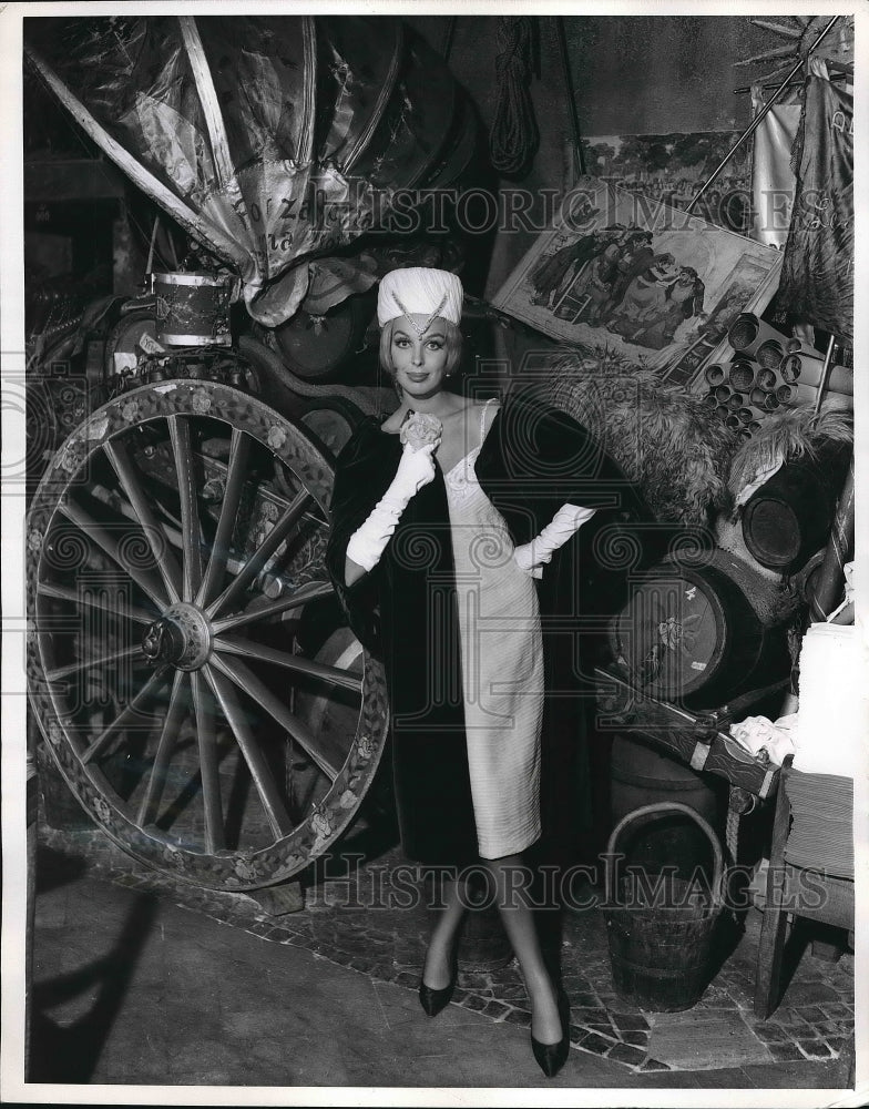 1960 Model Wearing Pleated White Chiffon &amp; Velvet Contrast-Historic Images