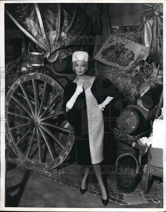 1960 Model Wearing Pleated White Chiffon & Velvet Contrast-Historic Images