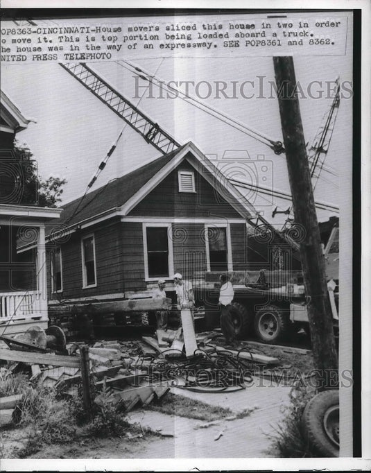 1956 Press Photo House Movers Slice House In Two To Move It Top Loaded On Truck-Historic Images