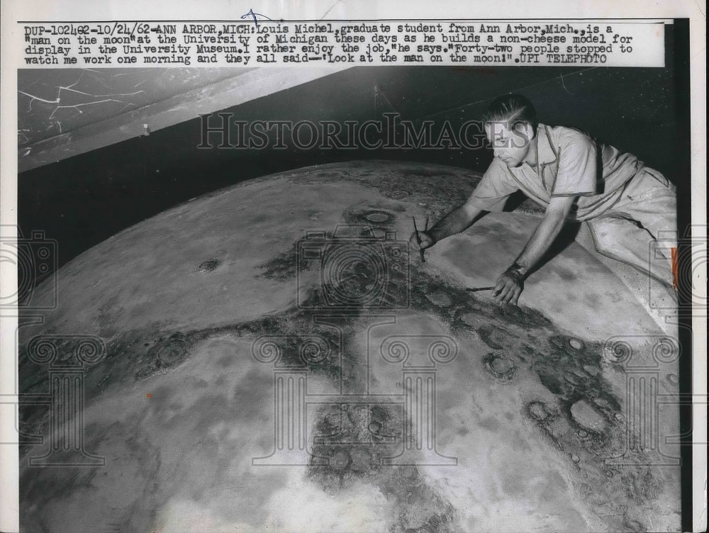 1962 Press Photo Louis Michel Builds Model OF Moon For Display In-Historic Images