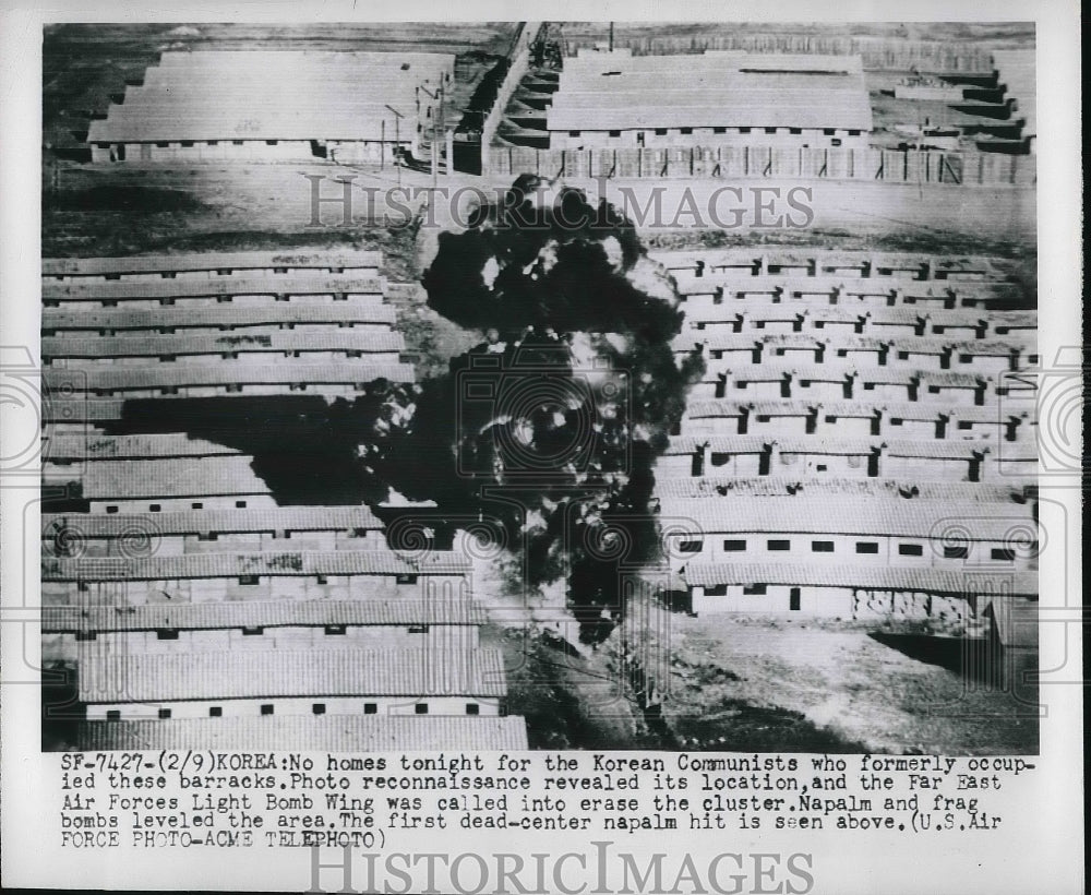 1951 Press Photo Korean Barracks Destroyed By US Napalm & Cluster Bombs - Historic Images
