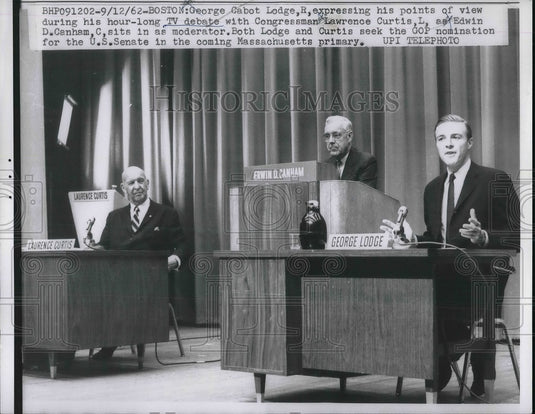1963 Press Photo George Cabot Lodge in Debate with Congressman Lawrence Curtis - Historic Images