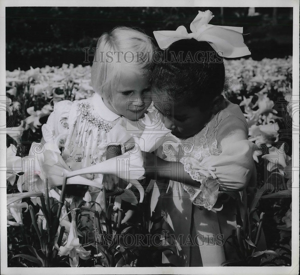 1968 Press Photo Two Children Surrounded by White Easter Lillies in Bermuda - Historic Images