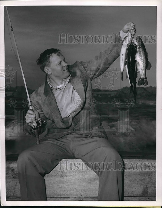 1952 Chuck Taylor, Stanford coach, displaying his record bass catch-Historic Images