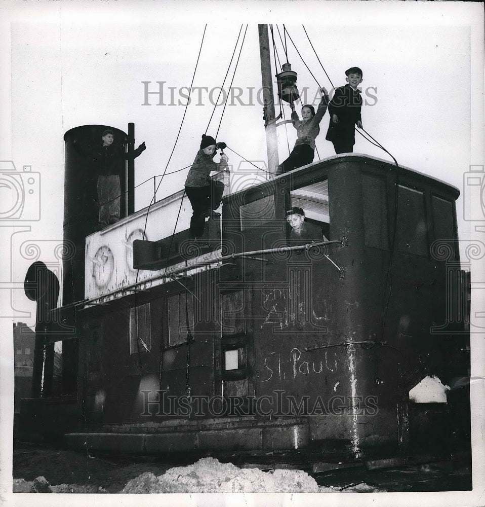 1956 Youngsters playing on tugboat in Hamburg Germany - Historic Images