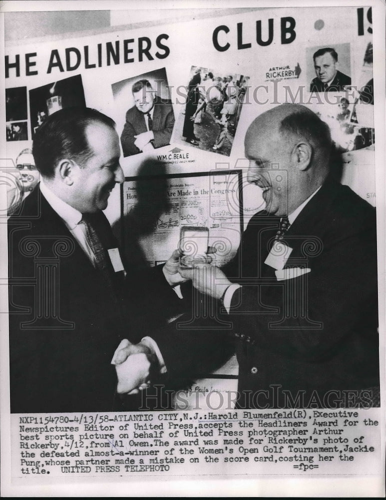 1958 Harold Blumenfeld Editor accepts award Arthur Rickerby-Historic Images