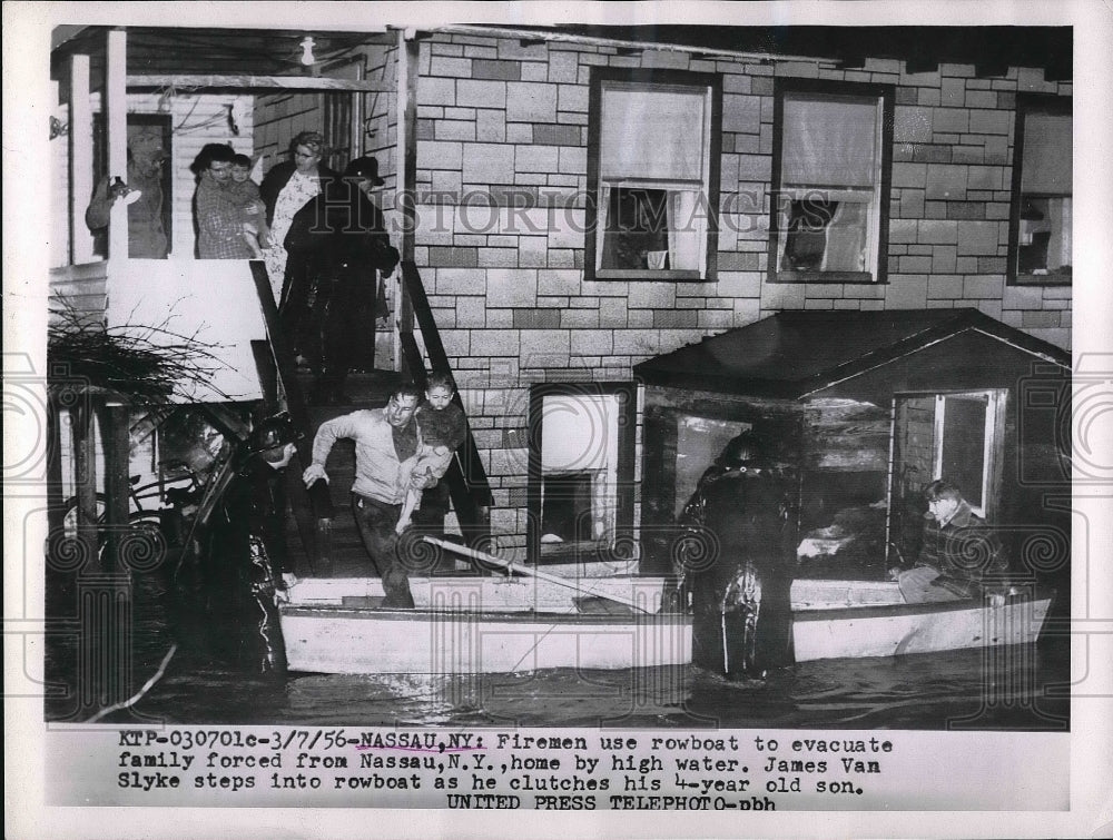 1956 Press Photo James Van Slyke &amp; son rescued from flood in Nassau, NY-Historic Images