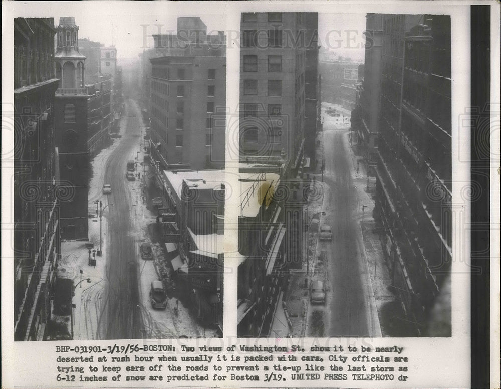 1956 Press Photo Two Vies of Washington Street in Boston At Snowy Rush Hour-Historic Images