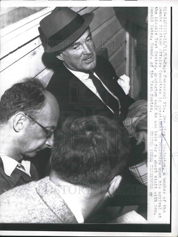 1957 Press Photo Sen. Stuart Symington Questioned by Reporters in Cape Canaveral - Historic Images