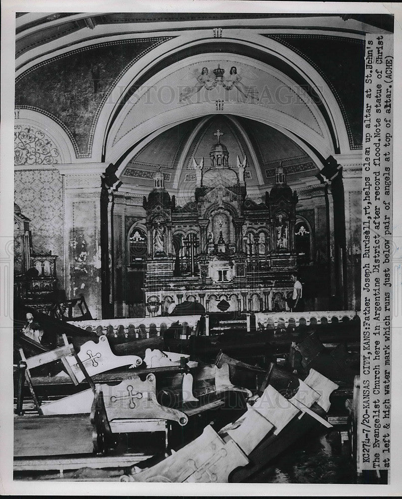 1951 Press Photo Father Joseph Burdsell Cleans St. John's Alter After Flood - Historic Images