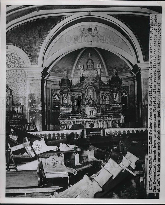 1951 Press Photo Father Joseph Burdsell Cleans St. John's Alter After Flood - Historic Images