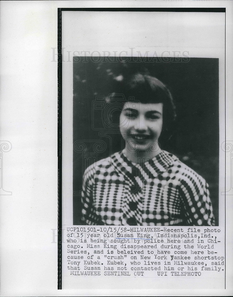 1958 Press Photo Susan King of Milwaukee, Wis. missing after a ball game-Historic Images