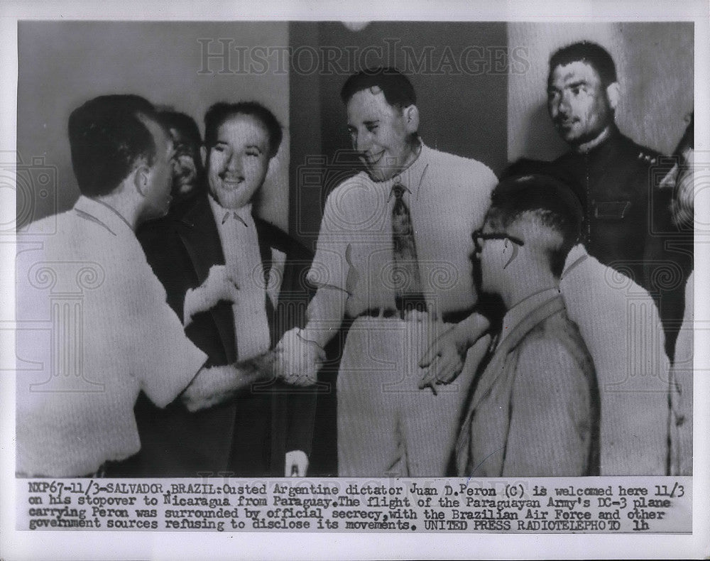 1955 Press Photo Ousted Argentina Pres Juan Peron in Salvador Brazil - Historic Images