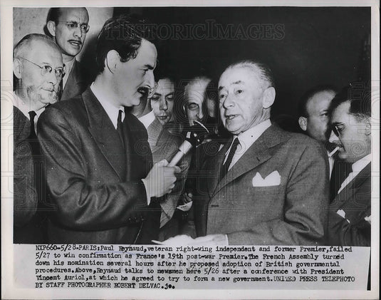 1953 Press Photo Paul Reynaud & Newsman Talking After Conference With President-Historic Images