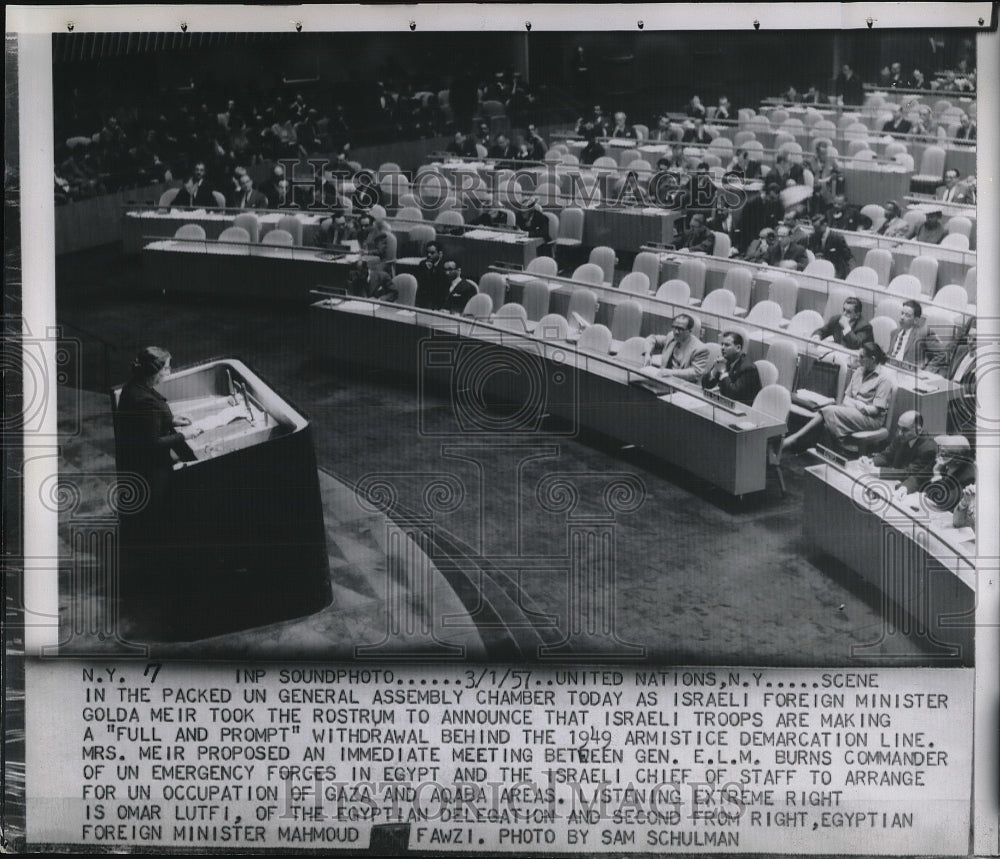 1957 Press Photo Israeli Foreign Minister Golda Meir Announce Troops Withdrawal - Historic Images