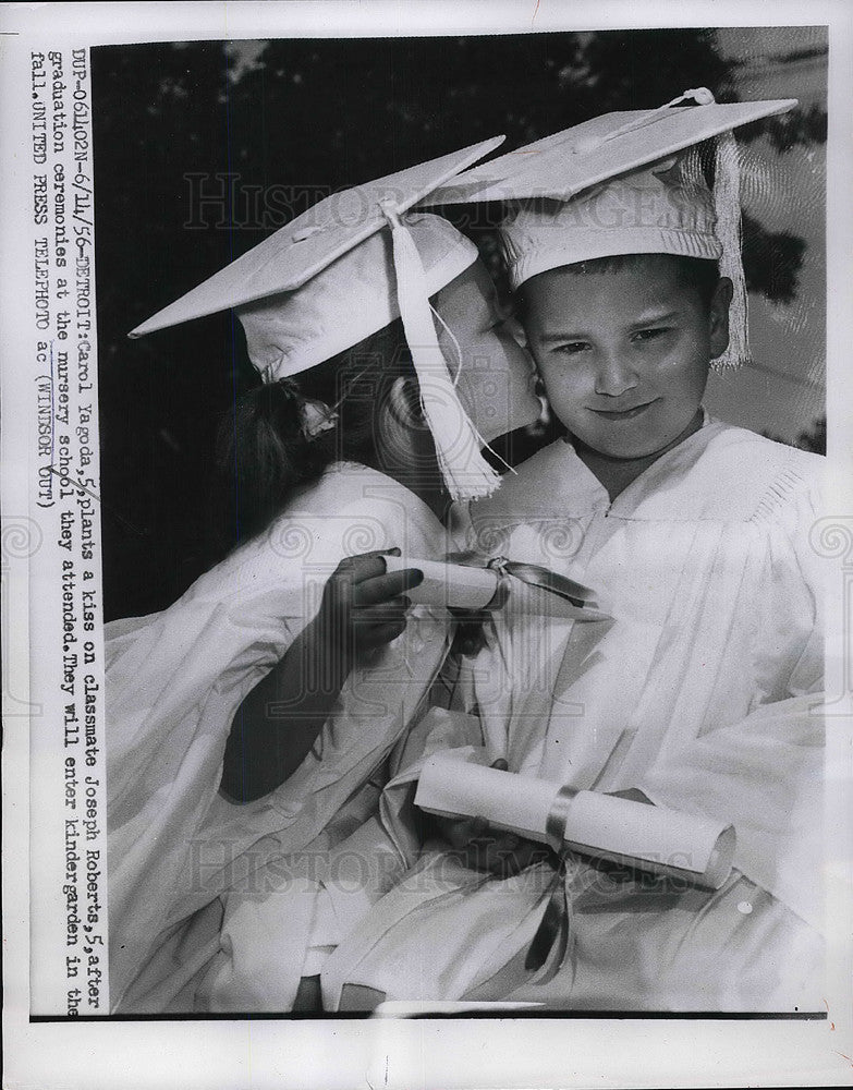 1956 Press Photo Carol Yagoda Kisses Joseph Roberts After Graduation at Nursery - Historic Images