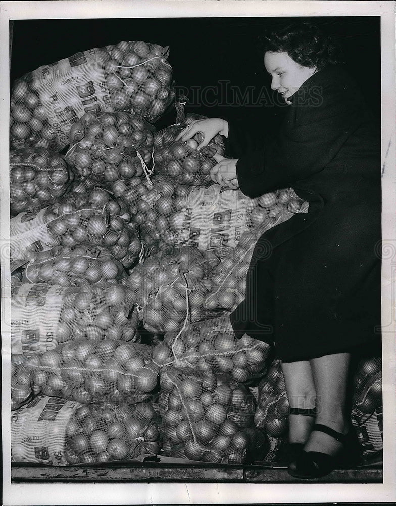1950 Press Photo Pat Helmold Investigates Onion Prices As They Are All Time Low - Historic Images