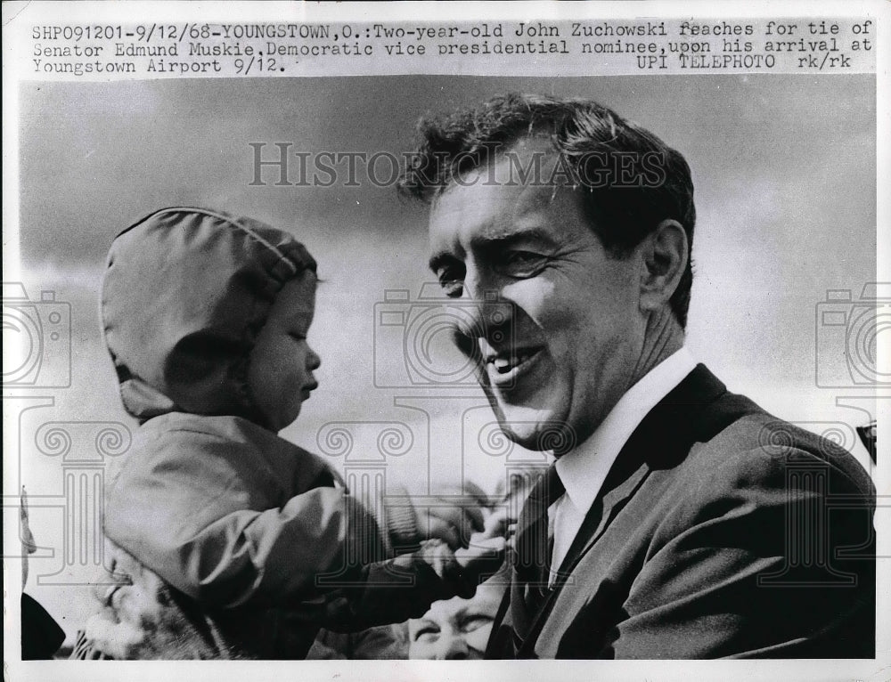 1968 VP Nominee Edmund Muskie Holds John Zuchowski When He Arrives - Historic Images