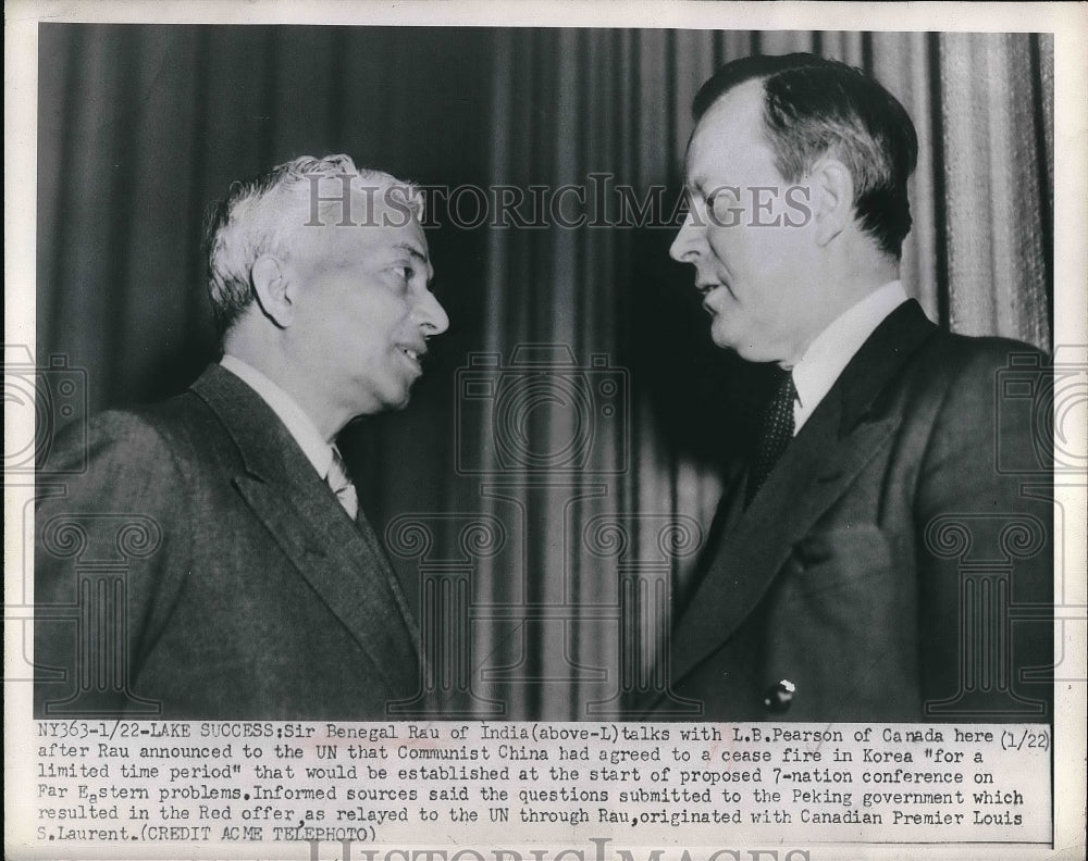 1951 Press Photo Sir Benegal Rau of India and L.B. Pearson of Canada at United - Historic Images