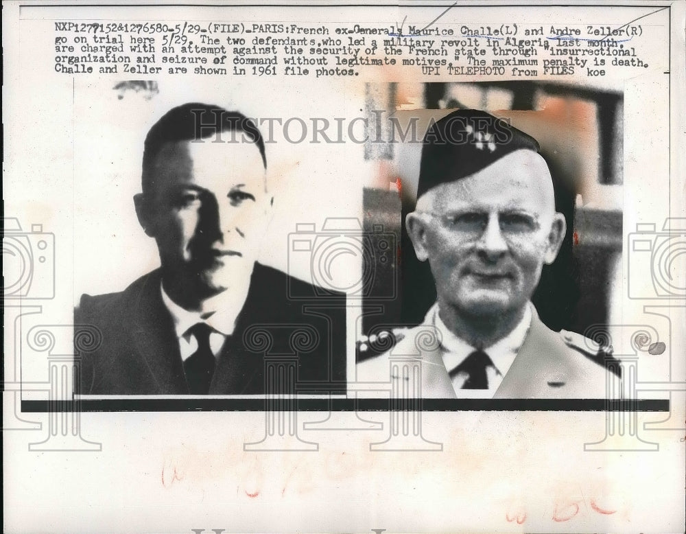 General Chall 1961 Press Photo French Ex-General Maurice Challe, Andre Zeller, Trial ...