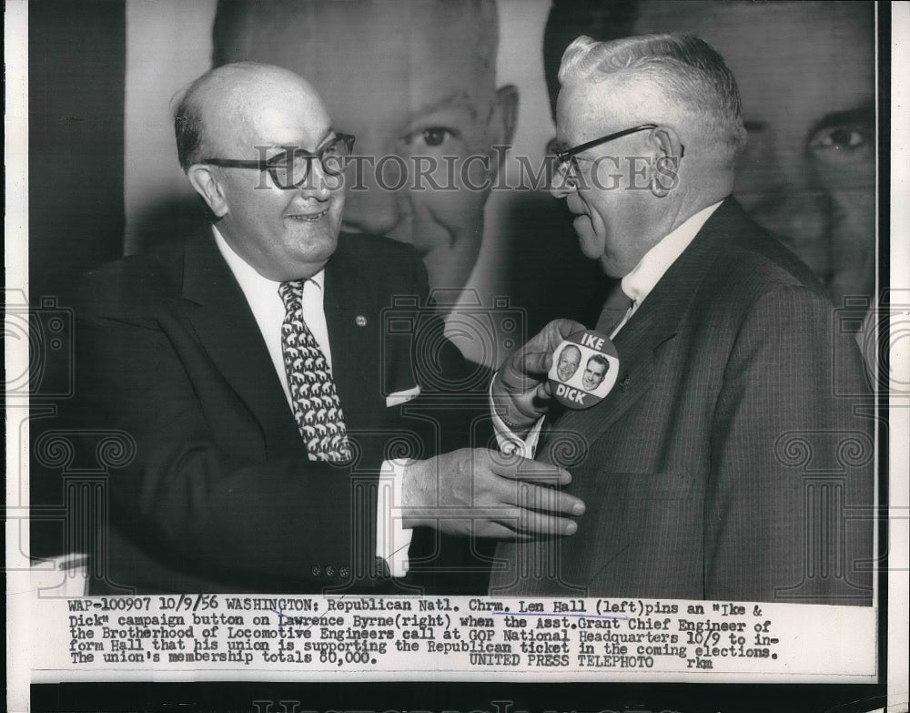 1956 Press Photo Republican Natl Chrm. Len Hall with Lawrence Byrne-Historic Images