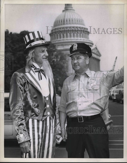 1959 Press Photo Officer Adolph Krenin Directs Uncle Sam AKA Edward Wachter - Historic Images