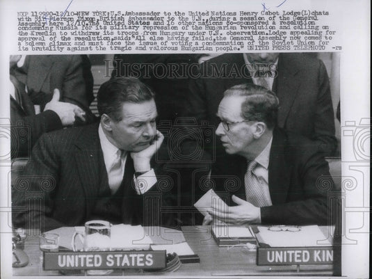 1956 Press Photo US Ambassador to United Nations Henry Cabot Lodge & Pierson Dix-Historic Images