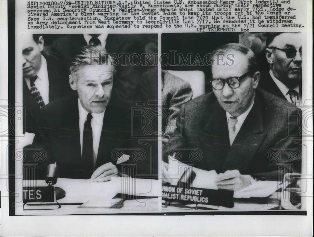 1960 Press Photo UN Delegate Henry Lodge,Soviet Vasely Kusnetsov Give Speeches - Historic Images